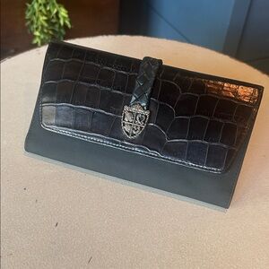 Brighton Black Croc-Embossed Leather Wallet with Silver Crest Detail